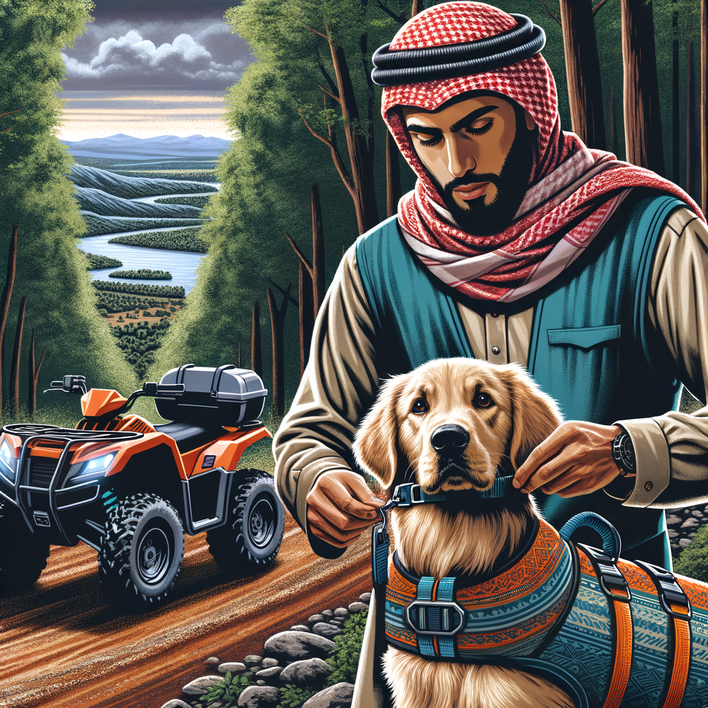 New rider demonstrating ATV safety for pets by securing his dog in pet-friendly ATV safety equipment, highlighting how to safely bring pets on ATV adventures.
