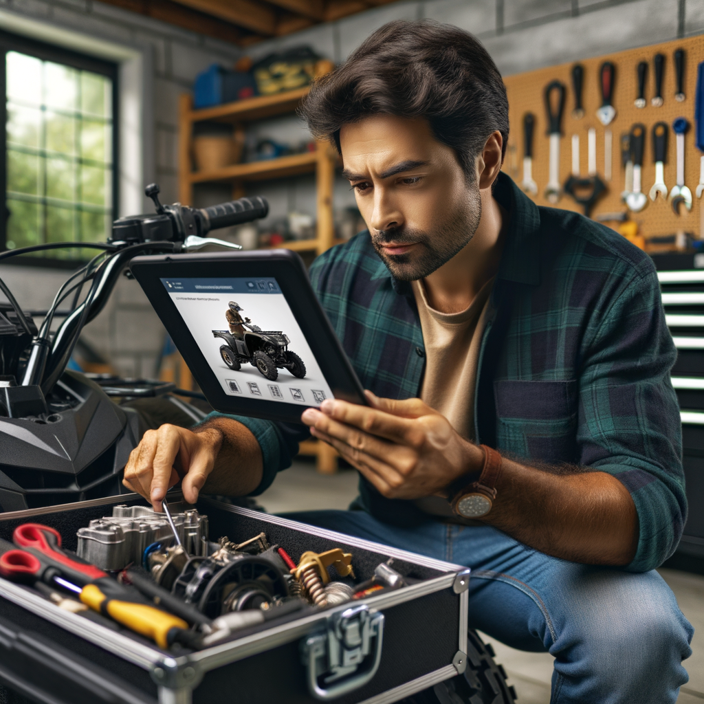 Beginner performing basic ATV maintenance and inspections in a garage, using an ATV maintenance guide on a tablet, highlighting DIY ATV maintenance and inspection tutorial.