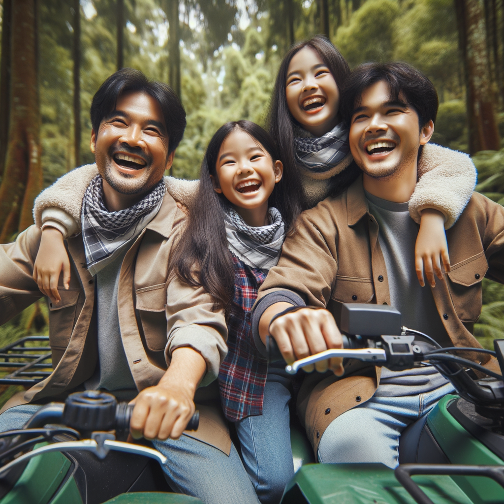 Joyful family enjoying ATV riding benefits in a lush forest, demonstrating family bonding activities and quality time with family during an ATV family adventure.