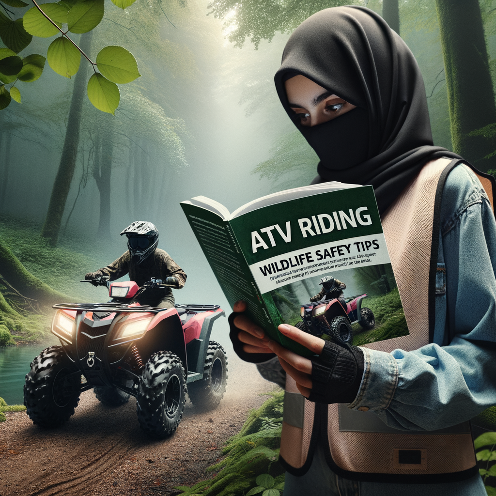 Beginner ATV rider in safety gear consulting 'ATV Riding Wildlife Safety Tips' guidebook on a forest trail, demonstrating responsible ATV riding and environmental respect