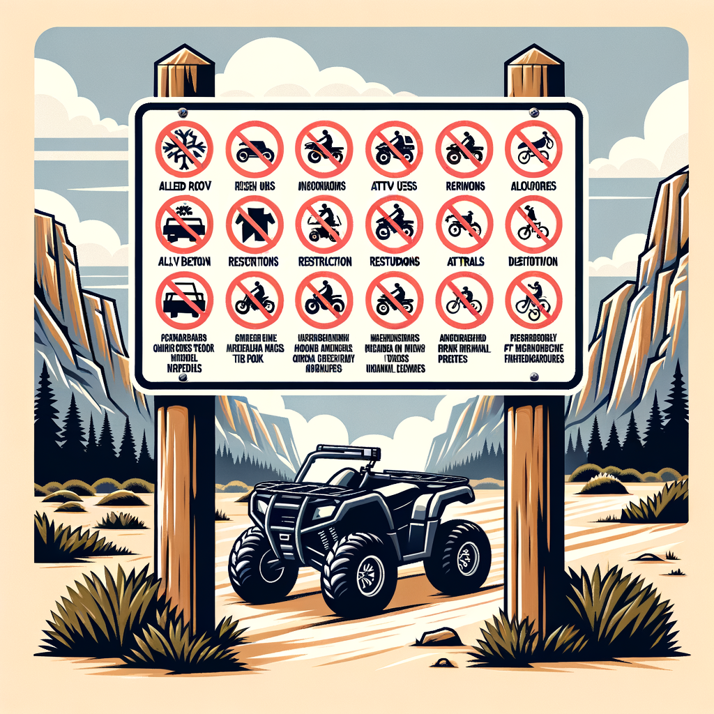 Signpost in a National Park displaying ATV riding rules, guidelines, and restrictions, including off-road vehicle policies and ATV trails, for a comprehensive understanding of National Parks ATV policy.