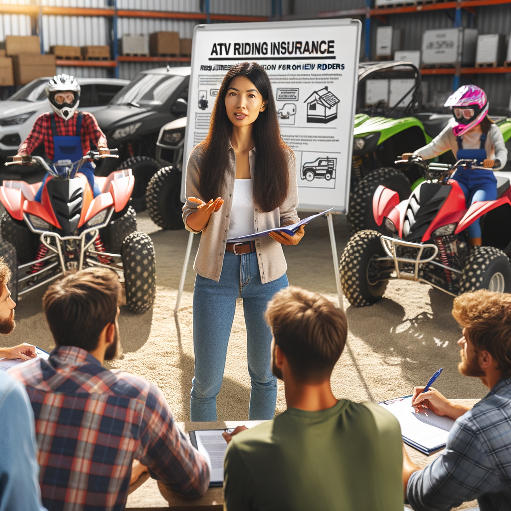 Instructor explaining ATV Riding Insurance options, requirements, and policies to new riders during an ATV Riding Lesson, with 'ATV Riding Insurance for New Riders' sign and quad bikes in the background.