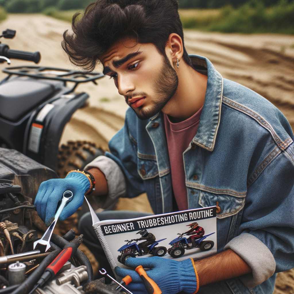 New ATV rider using an ATV troubleshooting guide and tools to understand and respond to common ATV mechanical issues as part of his beginner's maintenance routine.