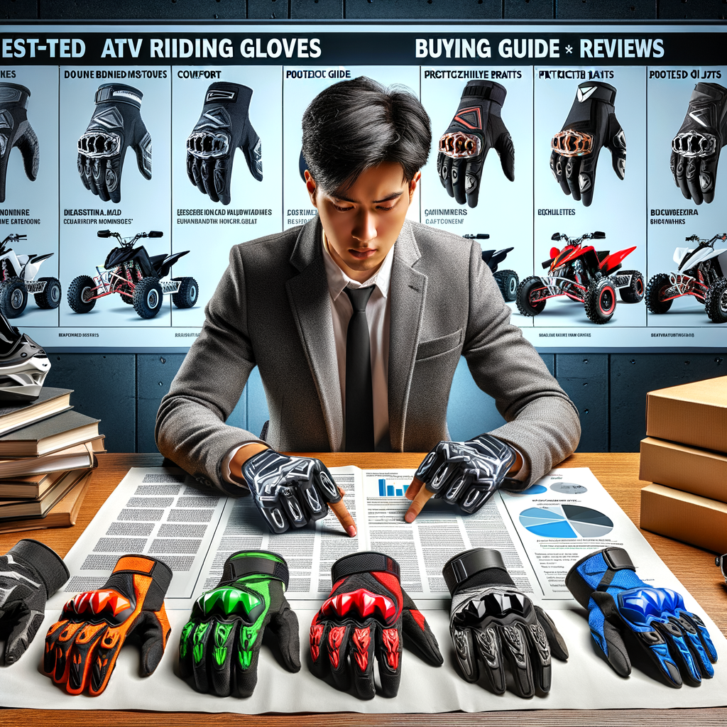 Beginner ATV rider examining top-rated, comfortable and protective ATV riding gloves, with a buying guide, reviews, and other essential beginner ATV riding gear in the background, emphasizing the gloves' durability and safety features for the 'Best ATV gloves for beginners' article.