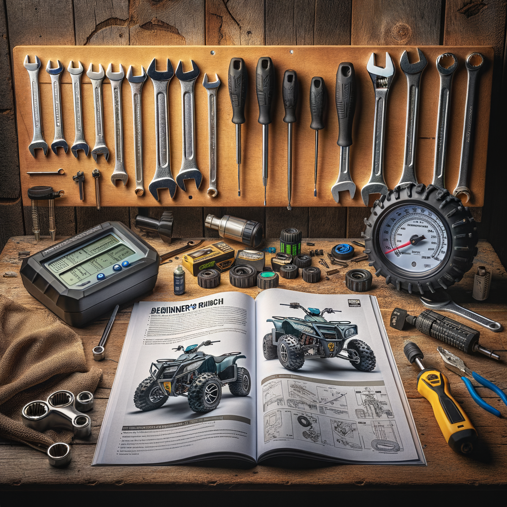 Beginner's workbench with essential ATV DIY tools, ATV repair tools, and an open ATV maintenance guide, illustrating basic ATV maintenance tips and DIY ATV repair for beginners.