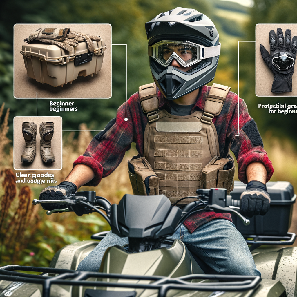 Beginner ATV rider enjoying a comfortable and convenient ride on a trail, equipped with essential ATV accessories for beginners such as helmet, gloves, goggles, storage box, and handlebar mitts, enhancing the ATV ride experience.