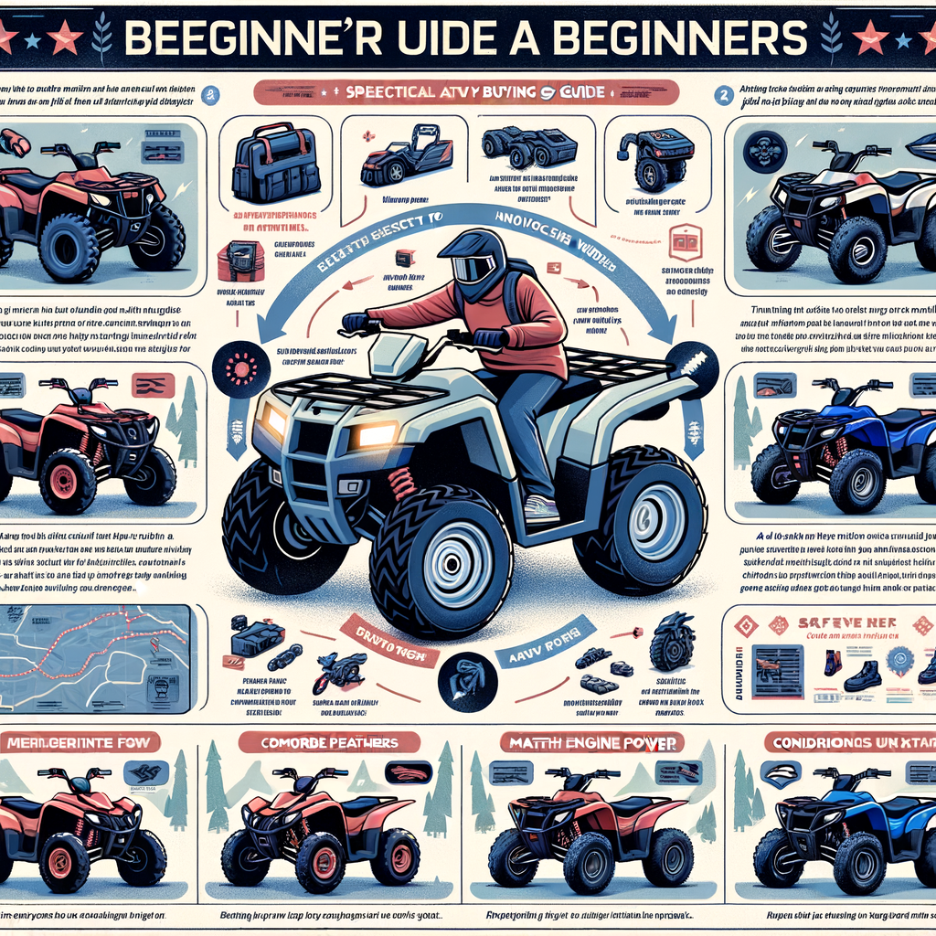 Infographic illustrating a beginner's ATV guide, highlighting how to choose the right ATV based on skill level, featuring various beginner-friendly ATVs, and providing an ATV buying guide for beginners.