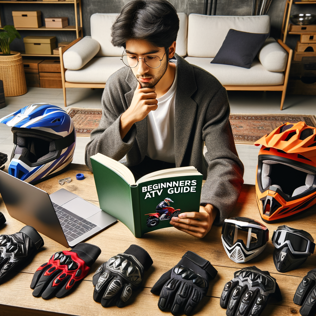 Beginner rider researching best ATV helmets using Beginners ATV Helmet Guide and online ATV helmet reviews, surrounded by essential ATV safety gear, highlighting the importance of choosing the perfect ATV helmet for beginners.