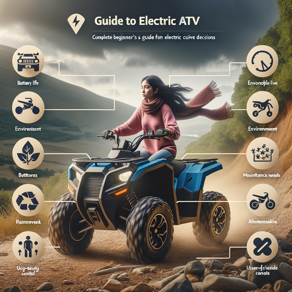 Novice rider on an electric ATV, with split screen visuals illustrating the benefits and drawbacks of electric ATVs for beginners, a comprehensive beginner's guide to understanding electric ATVs pros and cons.