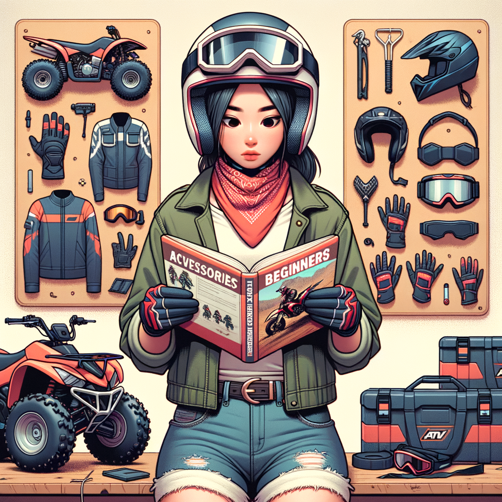 First-time ATV rider in safety gear studying a beginner's guide to ATV riding, surrounded by essential ATV equipment and accessories, highlighting ATV gear essentials and safety tips for ATV riding for beginners.