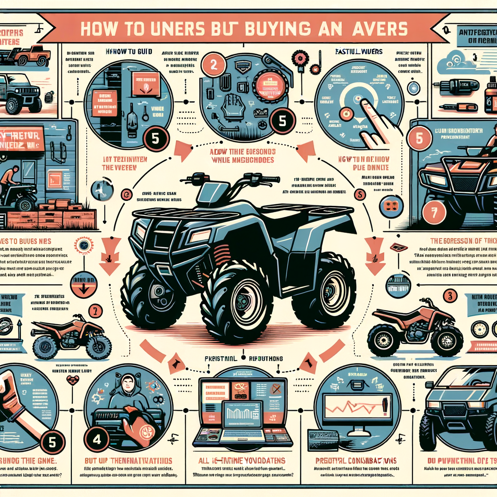 Infographic illustrating an ATV buying guide for beginners, highlighting key factors in first-time ATV purchase, tips, and considerations for choosing your first ATV.