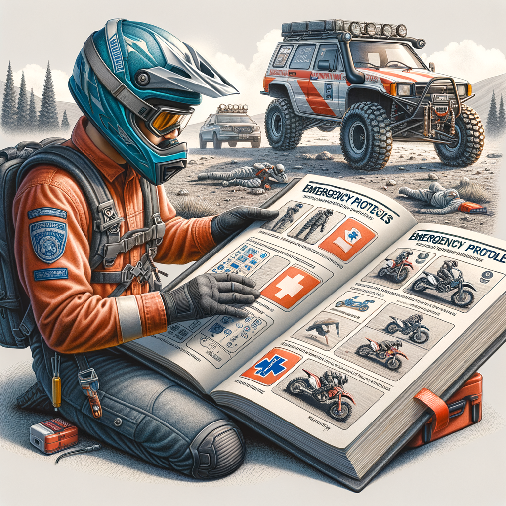 Novice ATV rider studying a beginner's guidebook on ATV safety tips and emergency procedures, with a parked ATV and emergency preparedness kit in the background