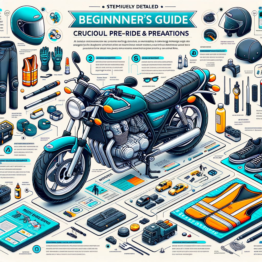 Infographic illustrating essential pre-ride checks and motorcycle preparation tips for first-time riders, including a detailed beginner's guide to riding, essential bike checks, and safety checks for riders.