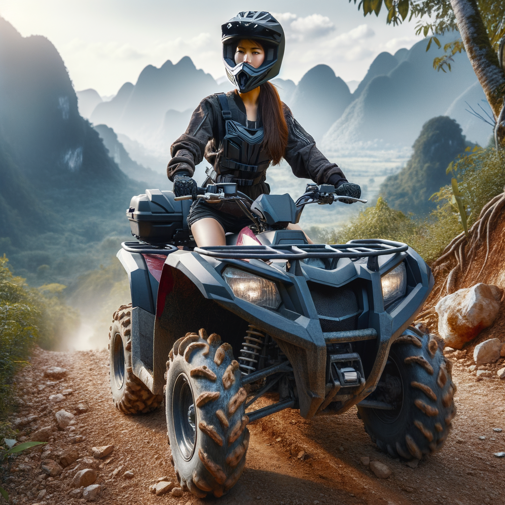 Beginner ATV rider in full safety gear navigating a trail, showcasing essential ATV accessories for beginners and emphasizing ATV riding safety accessories.