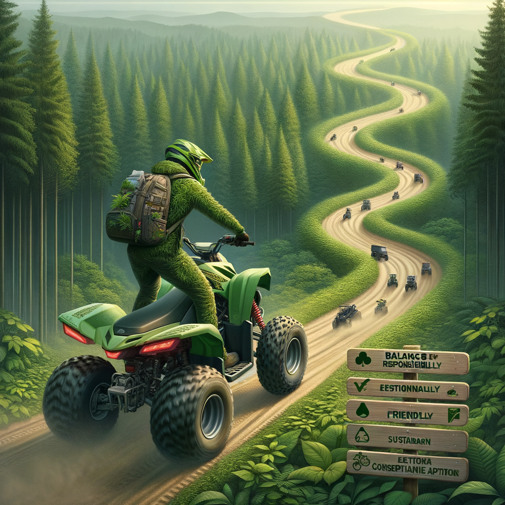 Responsible ATV rider in eco-friendly gear following ATV riding guidelines on a marked trail in a green forest, demonstrating sustainable ATV riding practices and environmental responsibility in ATV riding