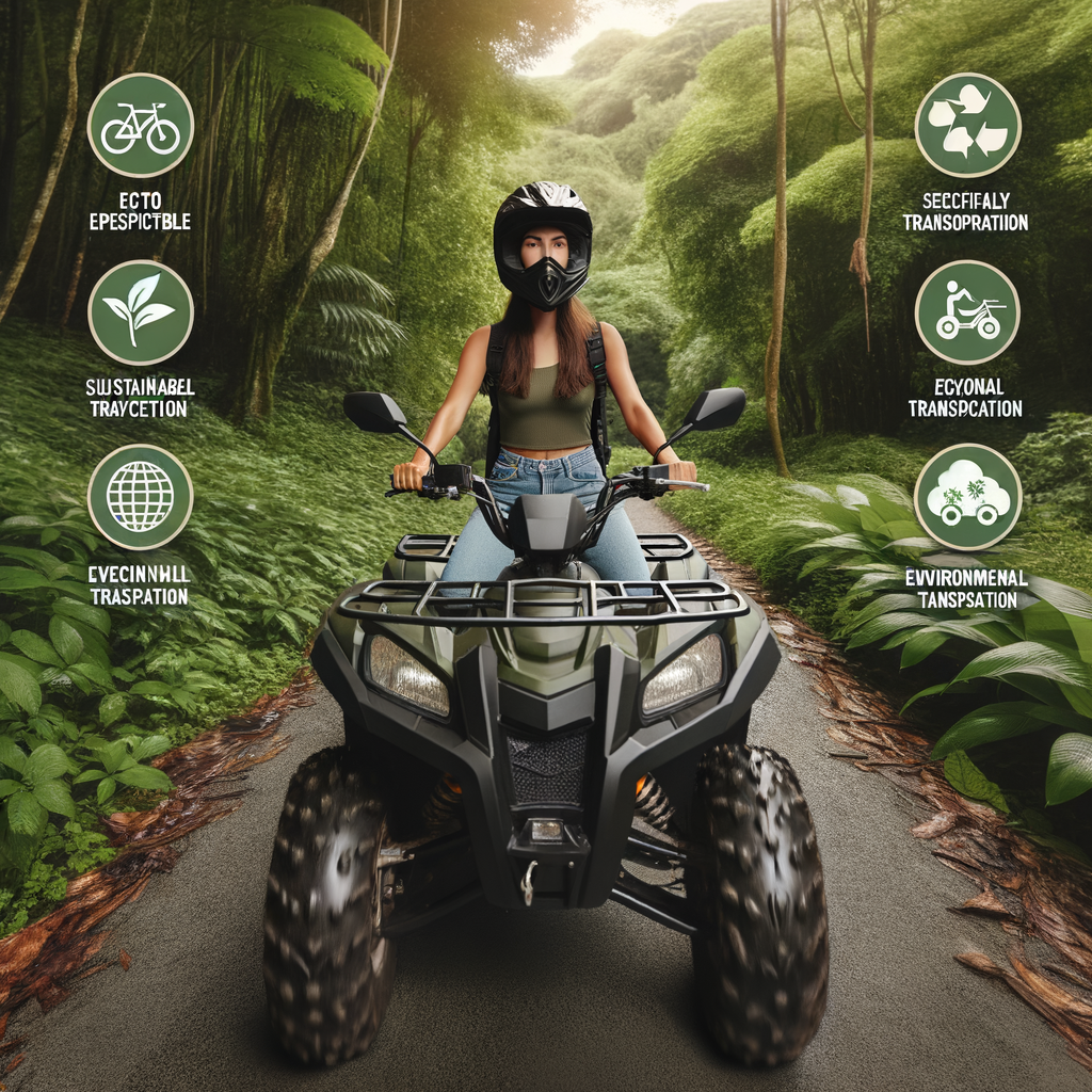 New ATV rider practicing sustainable ATV riding on an eco-friendly ATV in a forest, demonstrating how to minimize environmental damage and reduce ATV carbon footprint for beginners.