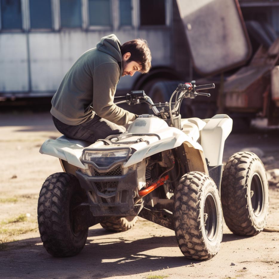 man inspecting a used ATV