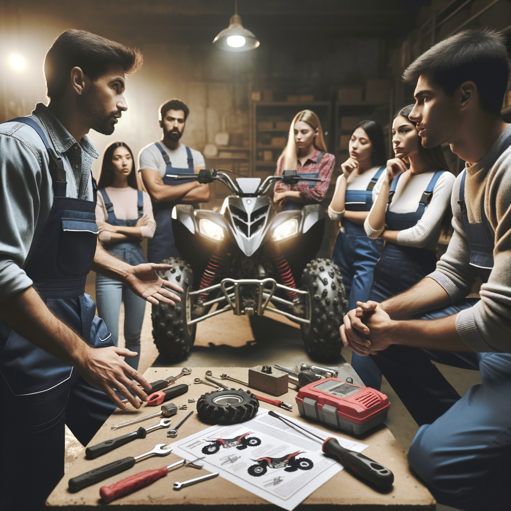 Professional mechanic teaching ATV maintenance tips to first-time ATV owners, highlighting the importance of ATV upkeep for beginners with an ATV care guide and tools in a workshop.