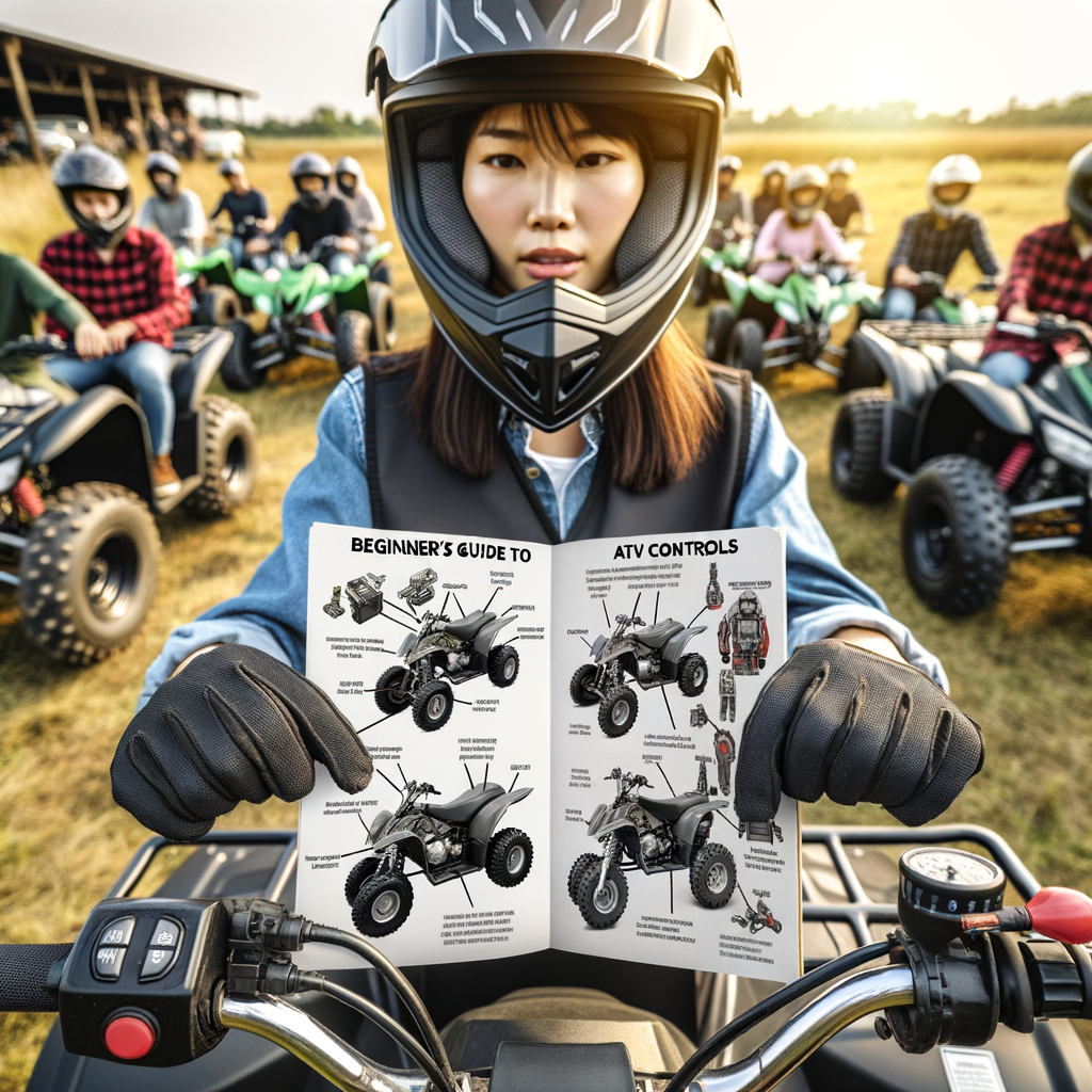 Instructor teaching ATV controls to beginners with a focus on handlebars, throttle, and brakes, alongside a 'Beginner's guide to ATV controls' book, perfect for novice ATV riders learning the basics of ATV controls.