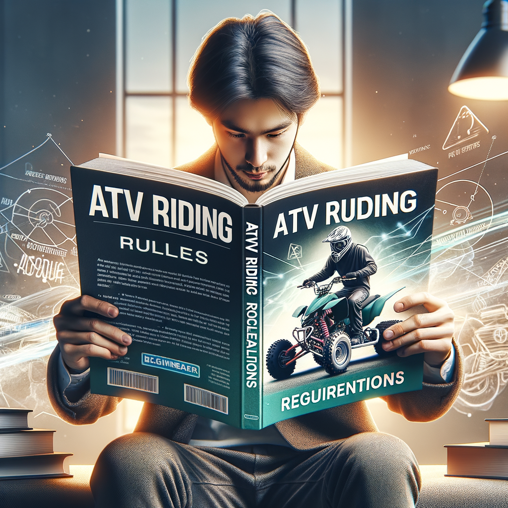 Novice ATV rider studying a comprehensive ATV laws guide and beginner's handbook on ATV riding rules and safety regulations, perfect for beginners understanding ATV laws.