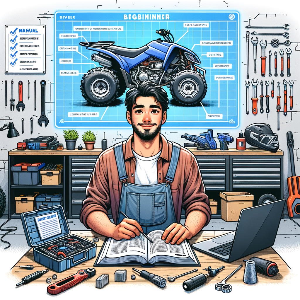 Beginner rider enthusiastically studying ATV repair guides for beginners in a garage filled with ATV mechanical repair resources, learning ATV maintenance through DIY ATV repair tutorials on a laptop, and checking ATV maintenance tips for new riders.