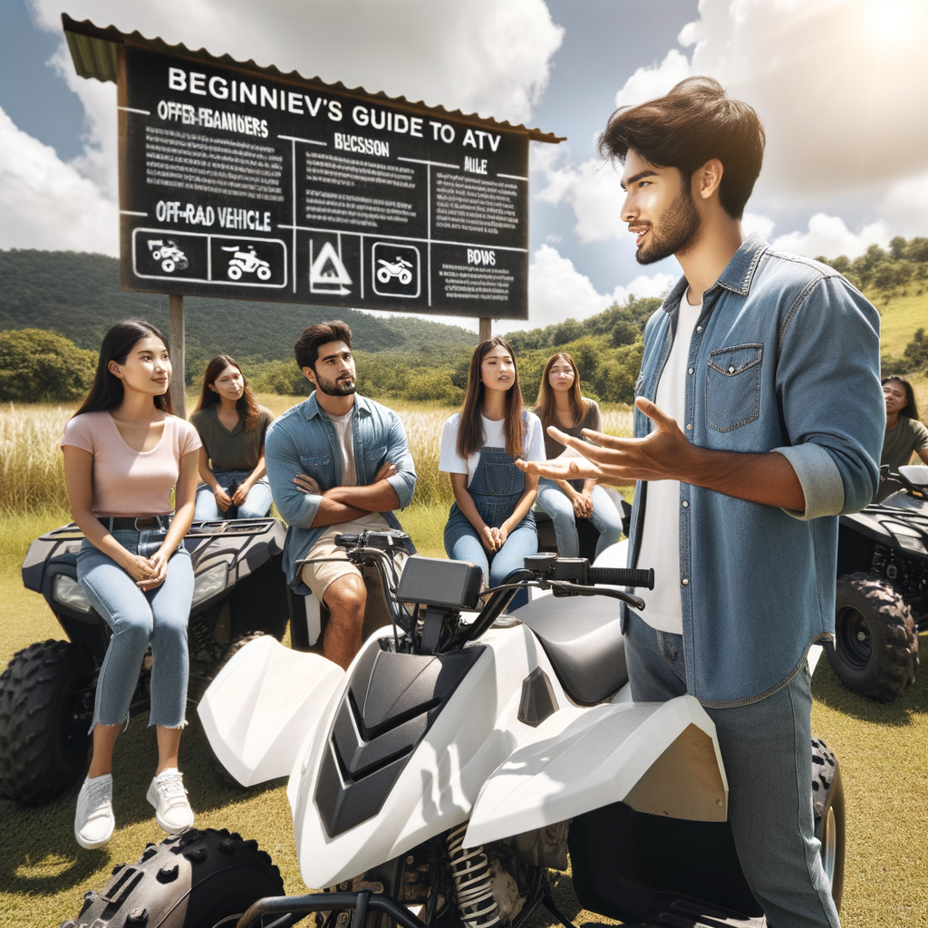 Instructor teaching new ATV riders about ATV riding laws and regulations during an ATV training session, with a beginner's guide and signboard highlighting ATV riding rules and off-road vehicle laws.