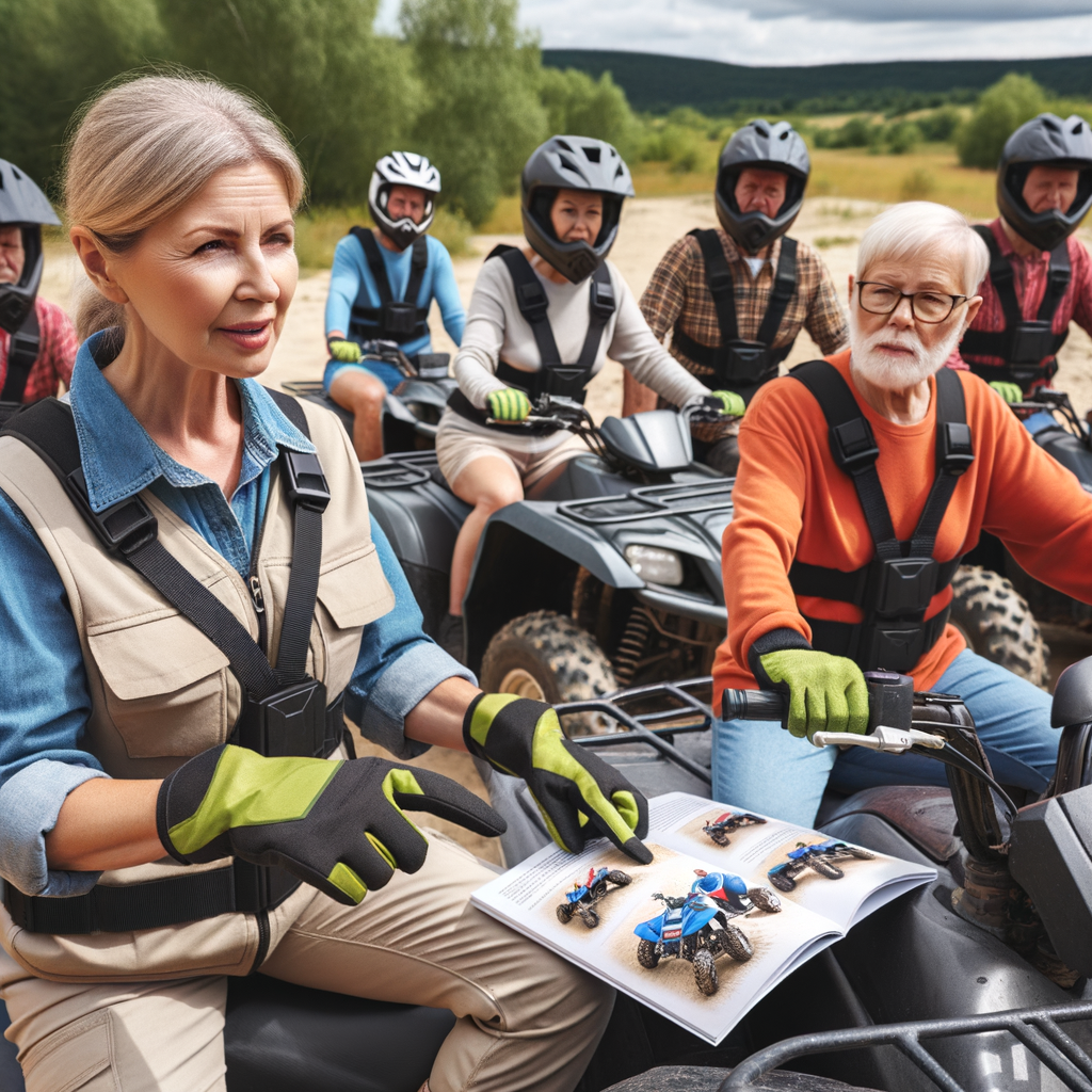Seniors learning ATV riding safety tips and techniques in an off-road setting, highlighting key points of ATV usage for senior citizens with a senior ATV riding guide.