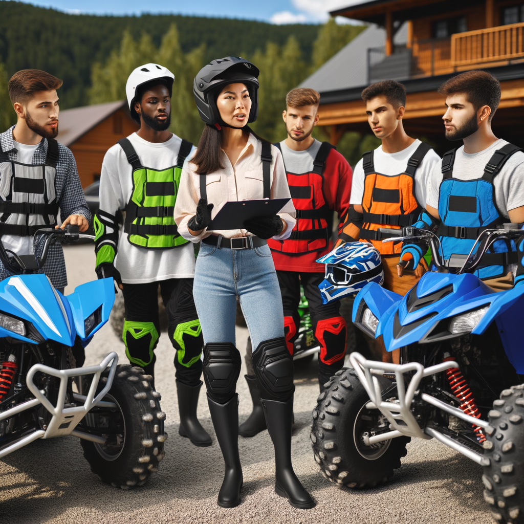 Professional instructor teaching ATV safety tips to new riders, emphasizing all-terrain vehicle safety, beginner's guide to ATV riding, and safe ATV riding practices, with visible safety gear for ATV riders at an ATV safety training course.