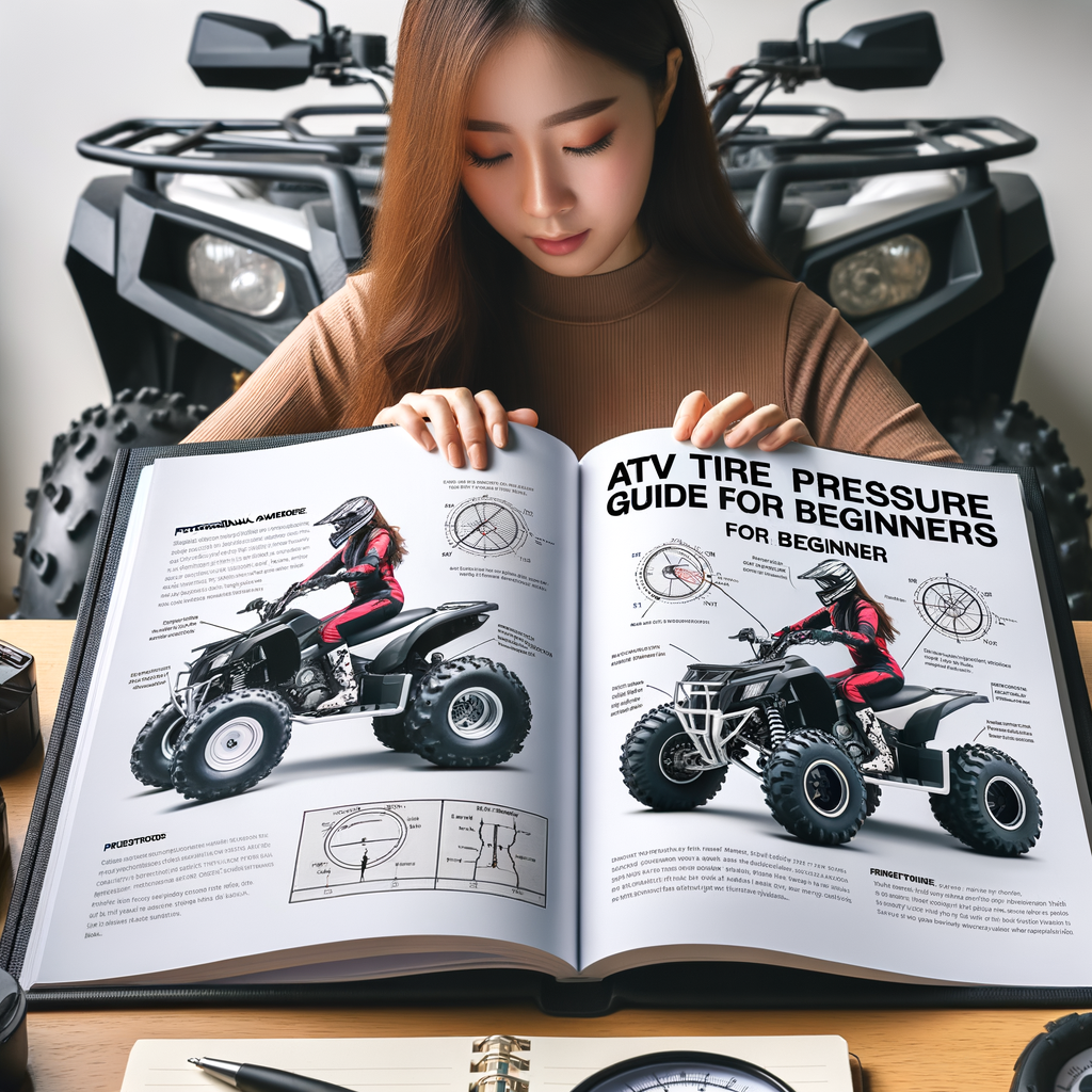 New ATV rider adjusting tire pressure using the 'ATV Tire Pressure Guide for Beginners' with diagrams and charts, providing guidance on choosing the right ATV tire pressure.