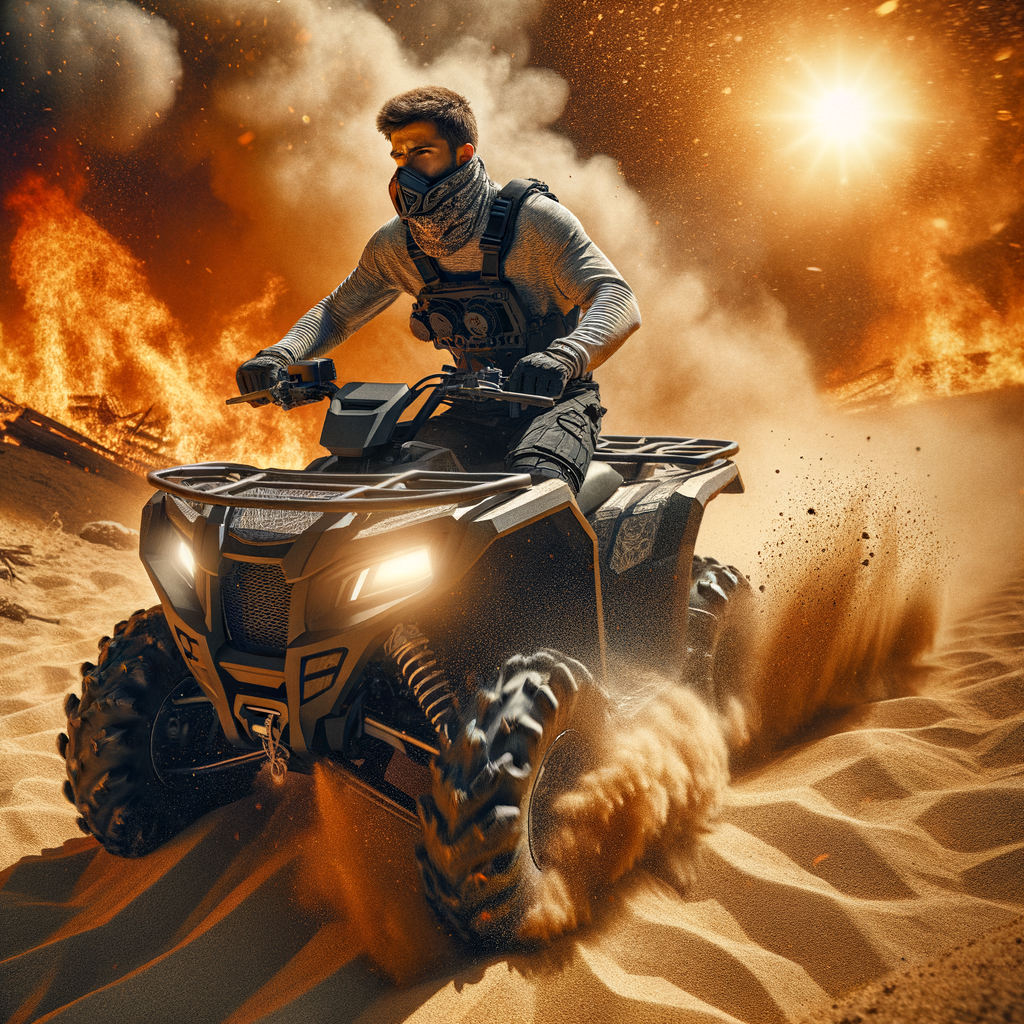 Professional ATV rider demonstrating hot weather ATV riding tips and safety precautions, wearing appropriate gear for summer ATV riding and maintaining ATV in extreme heat conditions.