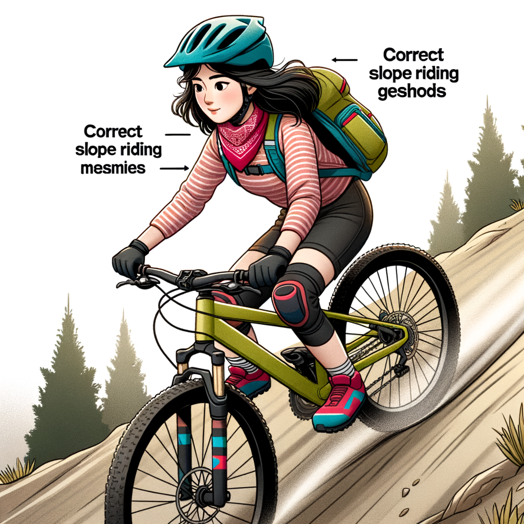 Beginner cyclist practicing mountain biking safety tips and slope riding techniques while navigating a steep hill, emphasizing the importance of safety precautions for slope cycling and hill cycling for beginners.