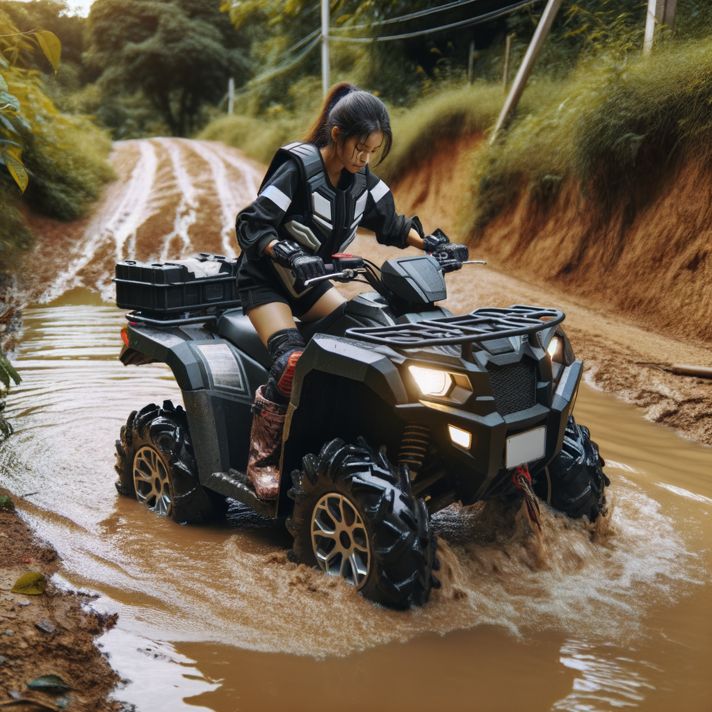 Novice ATV rider practicing safe ATV riding by following ATV riding safety tips and ATV water crossing techniques to cross a stream, emphasizing on off-road vehicle safety and preventing ATV accidents.
