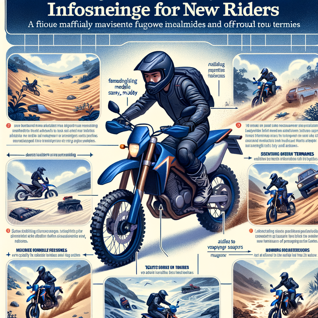 Beginner motorcyclist mastering terrain handling techniques on sand, mud, and rocks as part of a new riders guide, showcasing off-road riding techniques and motorcycle terrain challenges.