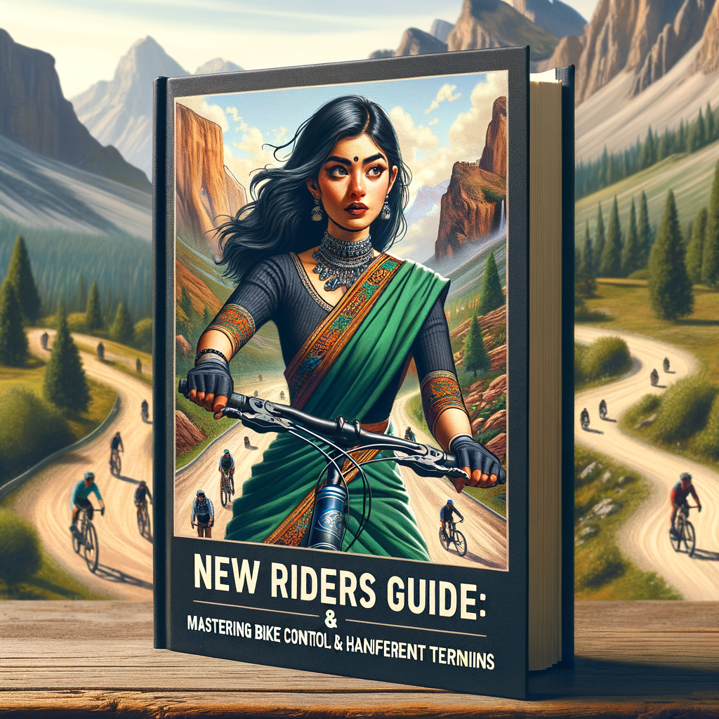 New rider mastering bike control techniques on challenging terrains with 'New Riders Guide: Mastering Bike Control & Handling Different Terrains' in foreground, symbolizing beginner's journey to motorcycle terrain control and bike riding mastery.