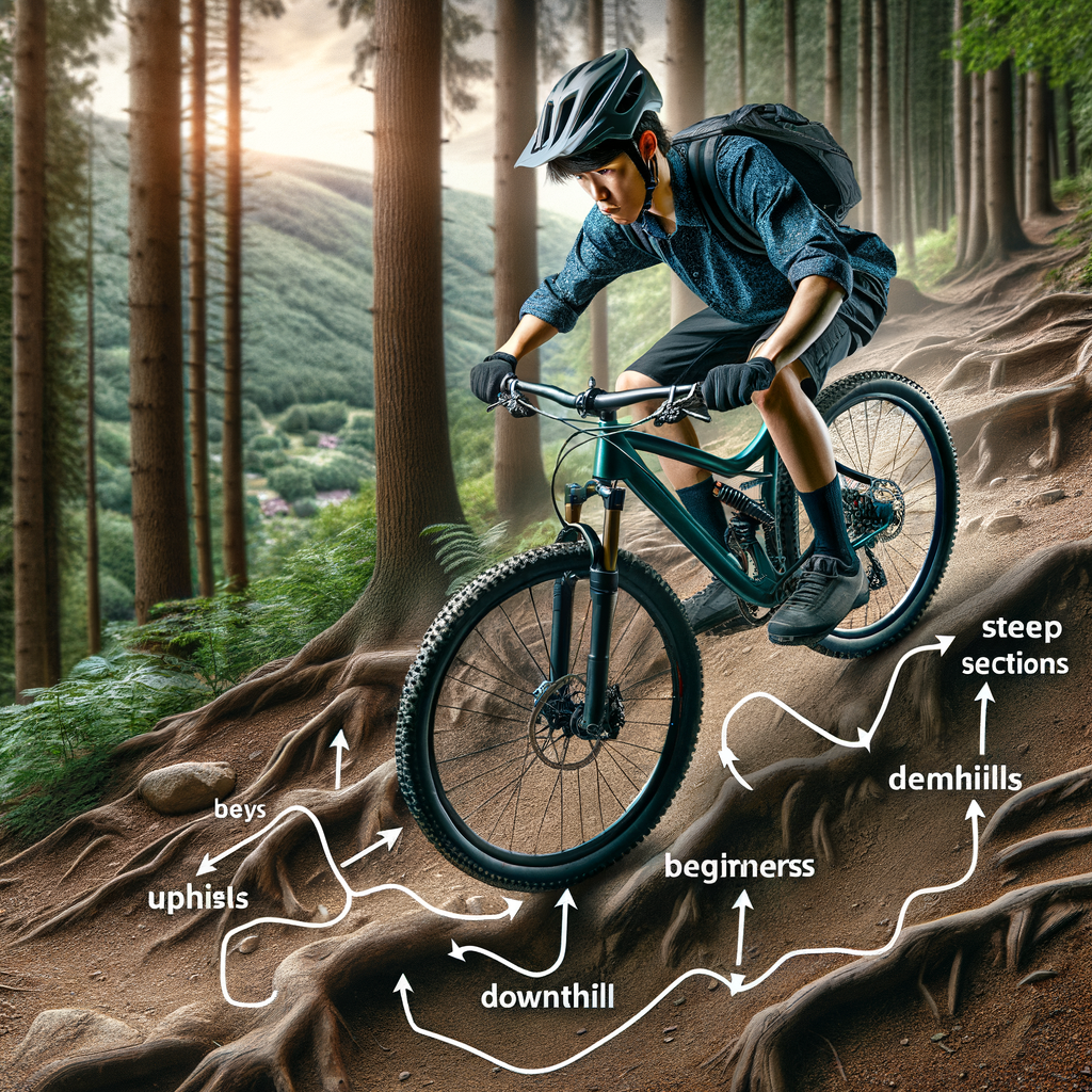 Beginner mountain biker demonstrating uphill and downhill cycling techniques, providing a visual guide for new riders learning mountain biking strategies on challenging trails.