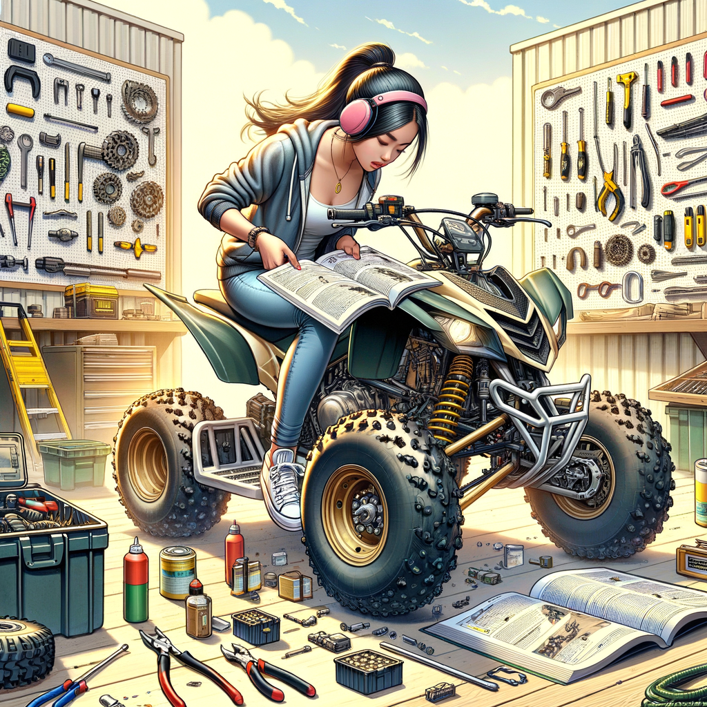 New ATV owner using a user guide for beginners to perform maintenance during the break-in period, showcasing essential ATV care tools and accessories, emphasizing the importance of ATV maintenance tips for first-time owners.