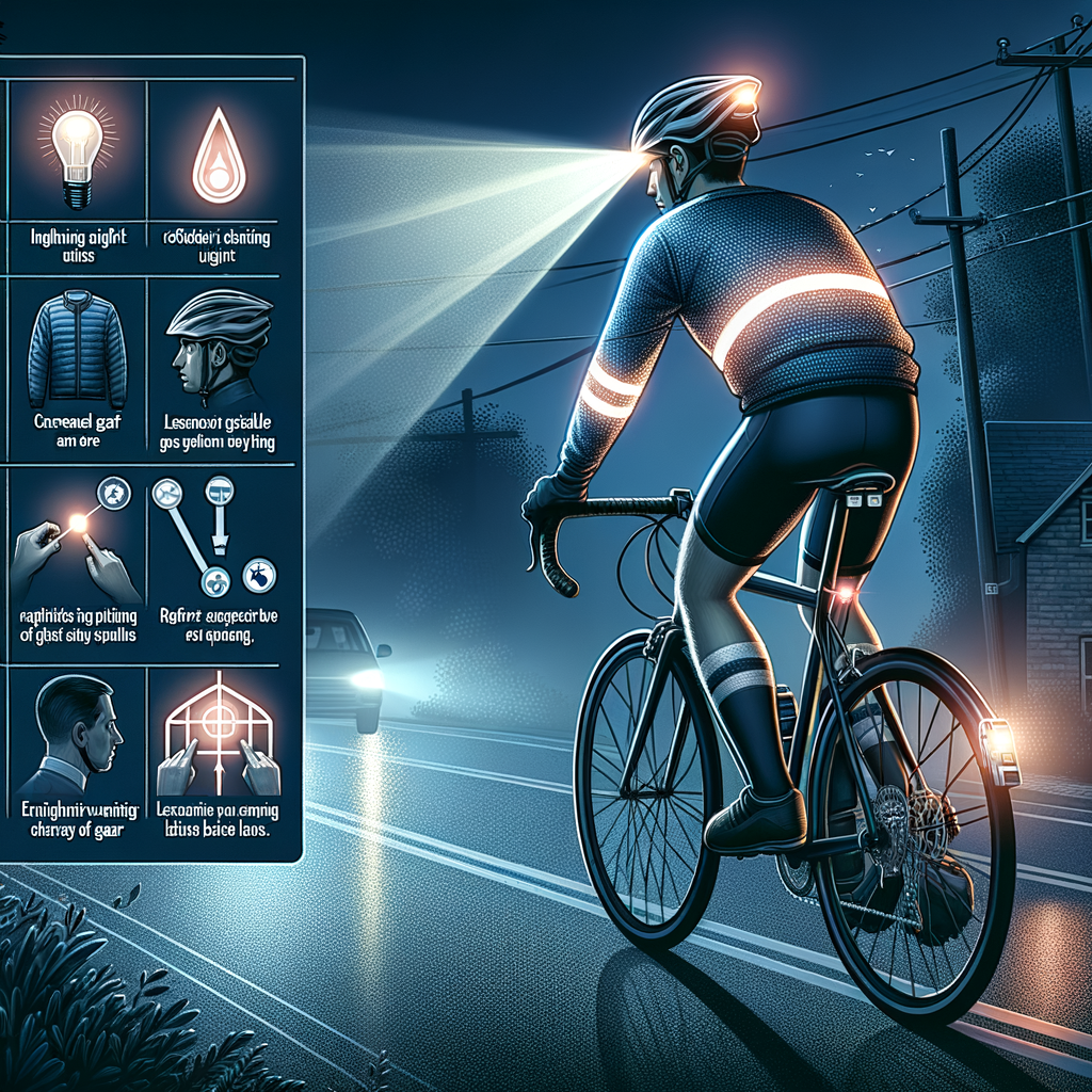 Beginner cyclist practicing night cycling safety tips with reflective gear and lights for safe night bike rides, alongside a sidebar featuring a beginner's guide to night cycling precautions and the importance of safety gear for night cycling.