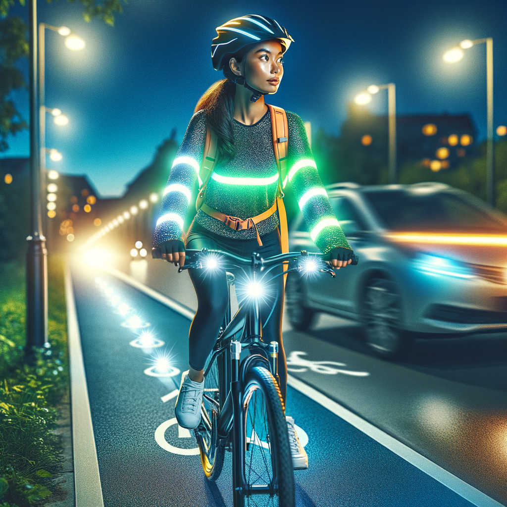 Beginner cyclist demonstrating night cycling safety tips and precautions on a well-lit bike path, emphasizing the importance of visibility and protective measures for night riding.