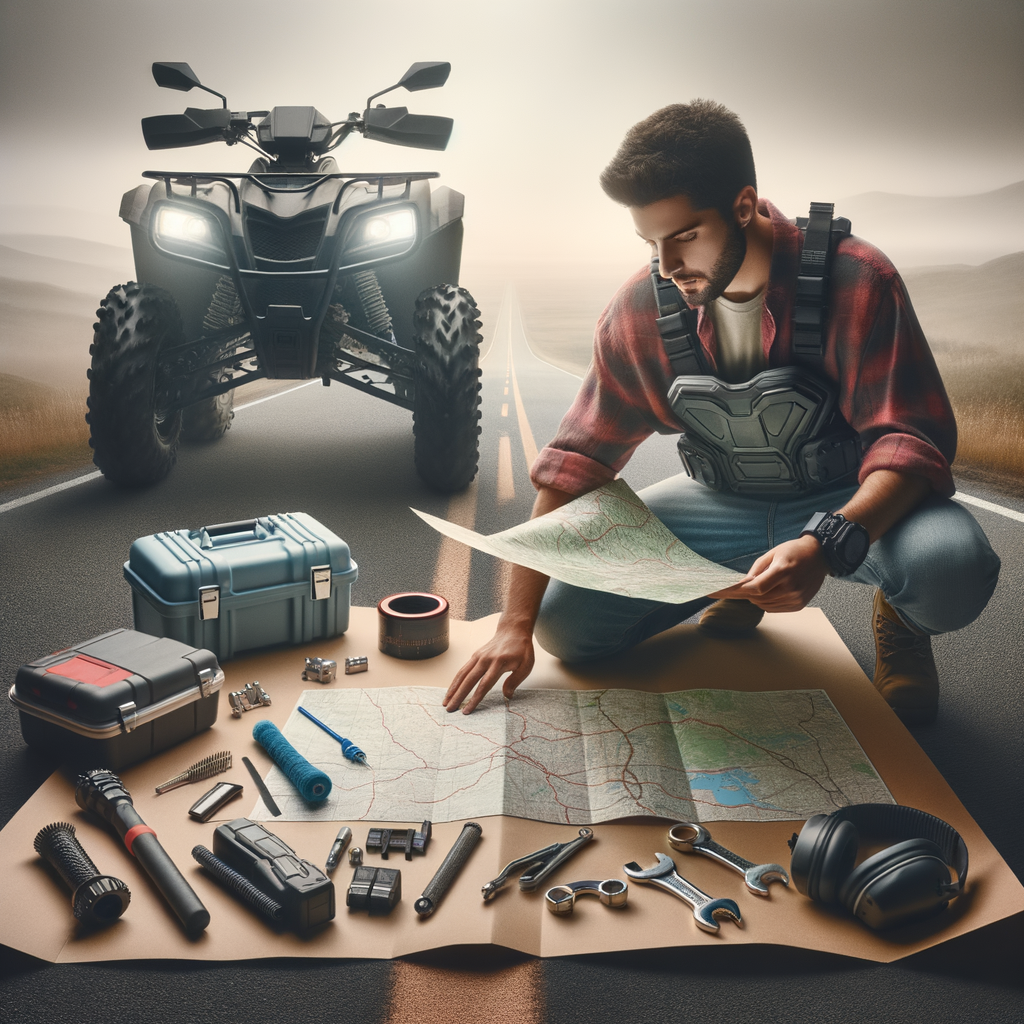 Beginner ATV rider planning a long-distance ride using a map, with safety gear, ATV maintenance tools, and essentials for the journey arranged nearby, illustrating tips for ATV riding for beginners and preparation for long-distance ATV adventures.