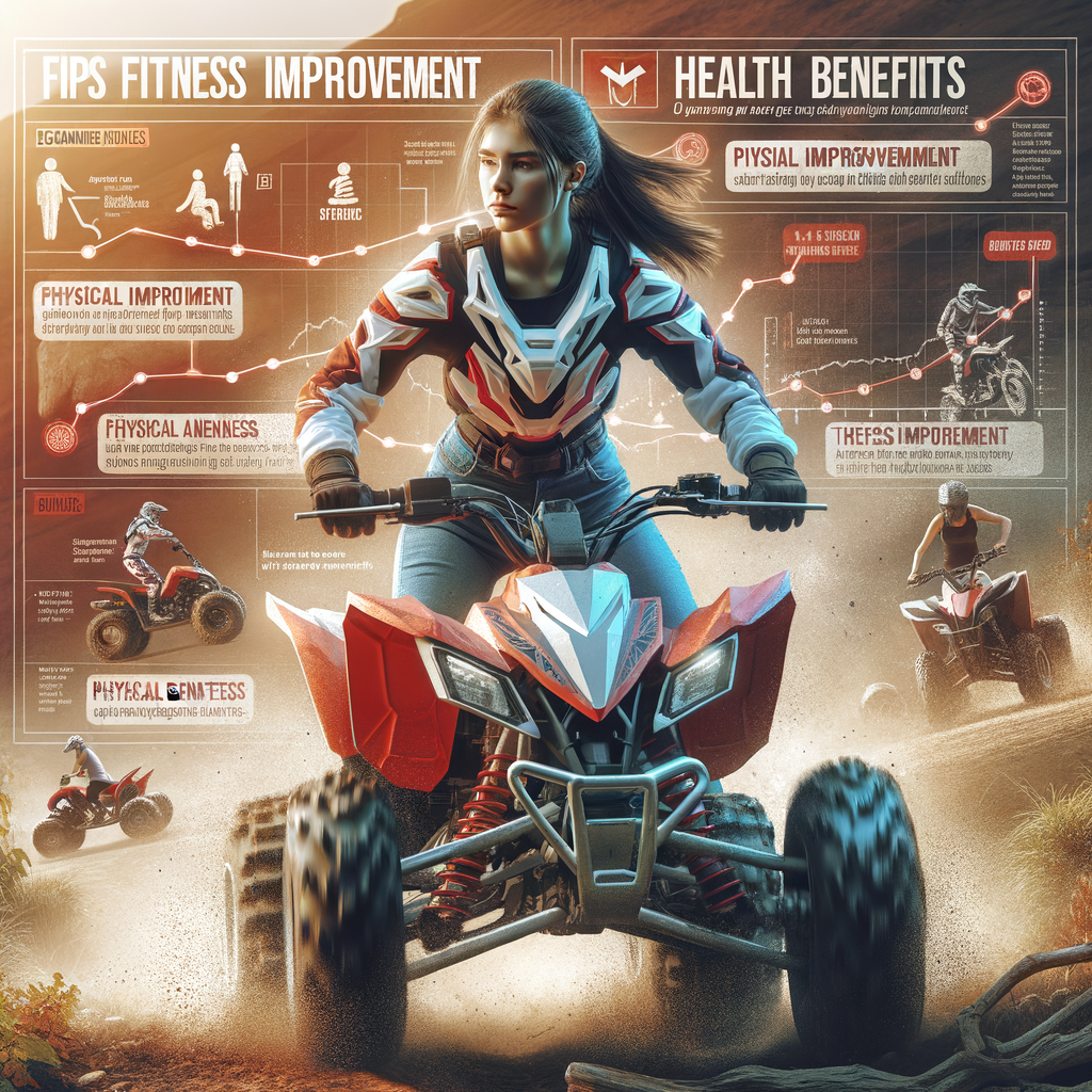 Beginner ATV rider improving physical fitness through off-road riding exercise, with infographic of ATV riding health benefits and beginner ATV riding tips in the background