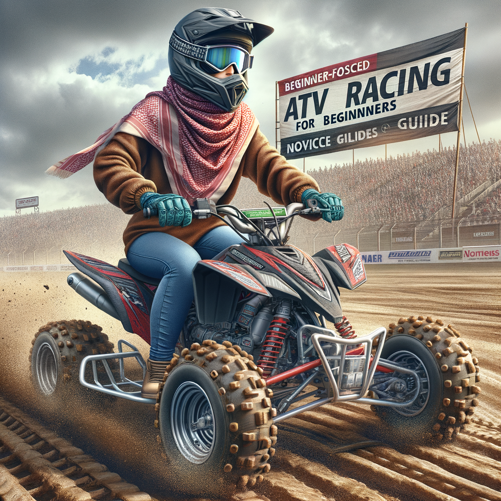 Novice ATV racer at the starting line on a dirt track, ready to start ATV racing, with 'ATV Racing for Beginners' banner and 'Novice ATV Racing Guide' book, illustrating ATV racing basics for beginners.