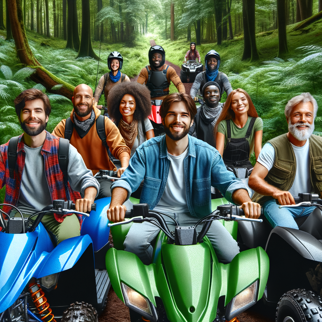 New ATV enthusiasts experiencing mental health benefits and stress relief through ATV riding therapy on a lush forest trail, showcasing the mental well-being and benefits of ATV riding for beginners.