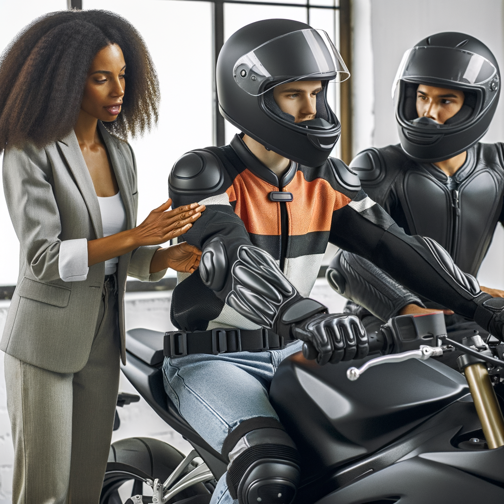 Instructor teaching new riders safety precautions and passenger safety on motorcycles, emphasizing on beginner motorcycle passenger safety, wearing helmets, and correct riding posture.