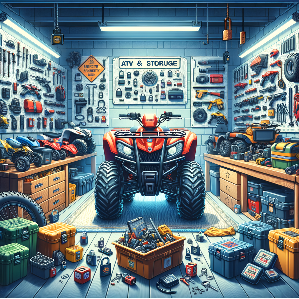 Beginner's guide to proper ATV storage and security, showcasing ATV storage solutions and key ATV security measures for novices in a well-organized garage.