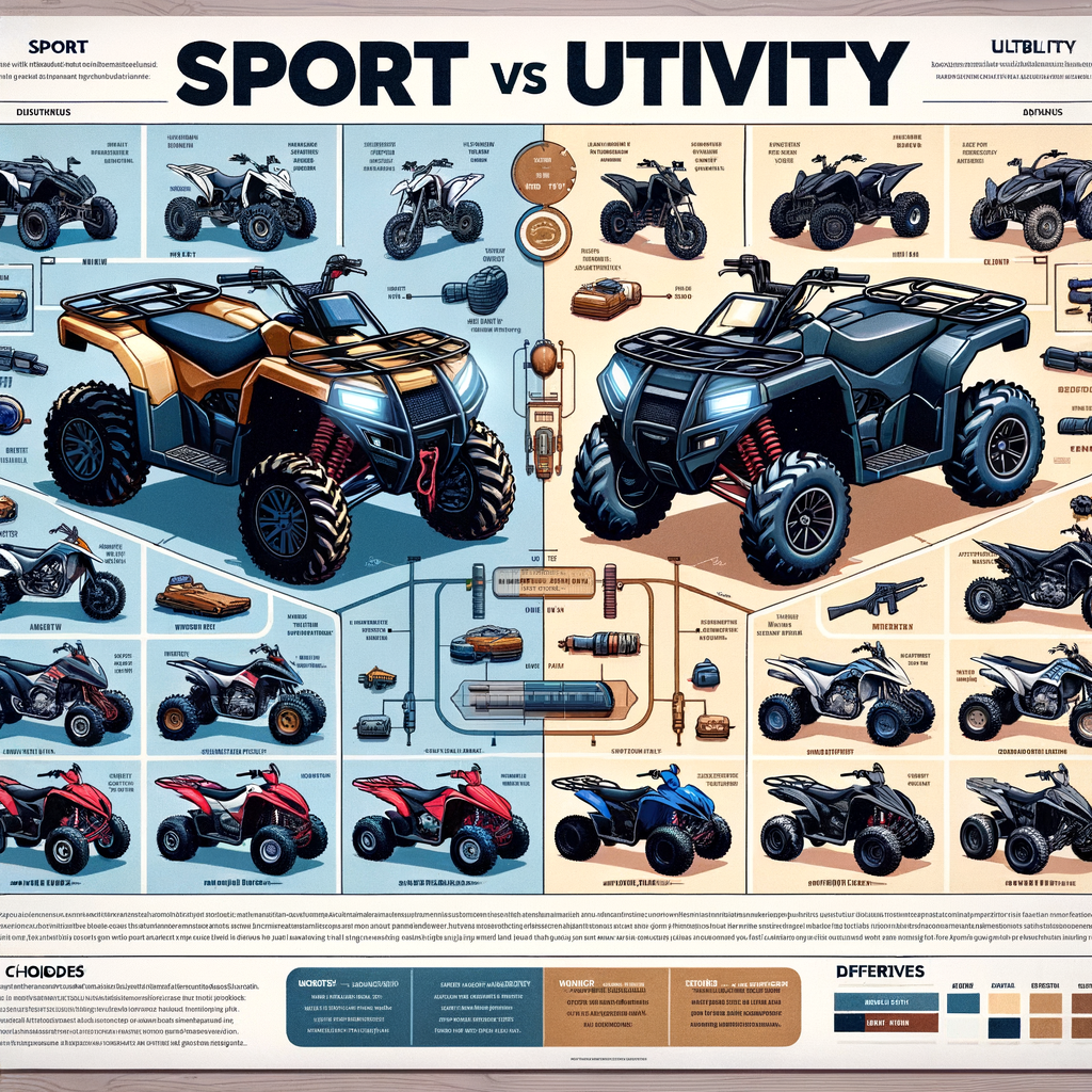 Infographic comparing Sport and Utility ATVs for beginners, highlighting key differences in design and functionality, and providing a beginner's guide to choosing the right ATV.