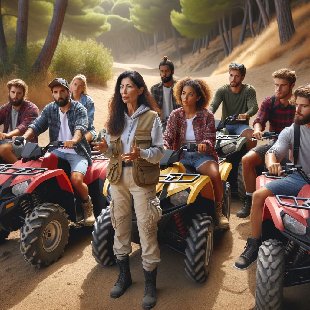 New ATV riders learning ATV trail rules and practicing ATV riding etiquette under the guidance of an experienced guide, embodying essential ATV riding tips and safety guidelines for beginners on a scenic off-road trail.