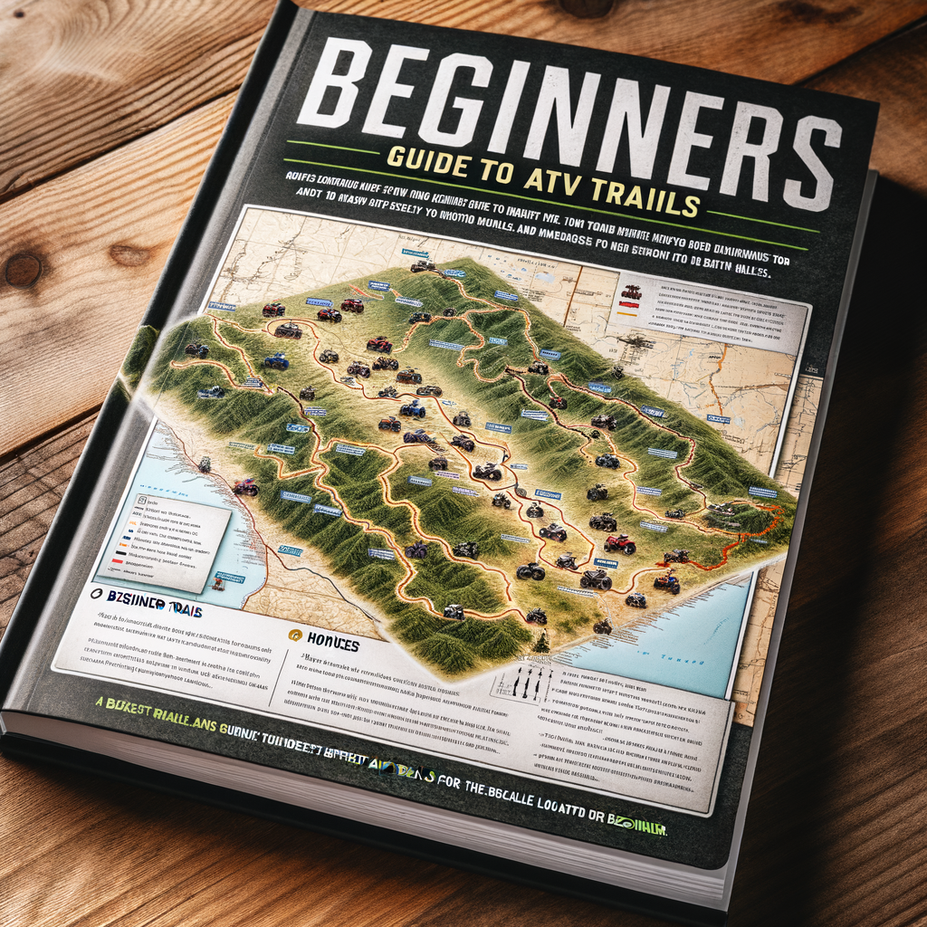 Open professional guidebook featuring 'Beginner's Guide to ATV Trails' with a detailed map and tips on finding suitable ATV trails, ideal for novice ATV enthusiasts seeking the best ATV trail recommendations.